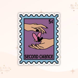 May include: A purple and blue vintage-style postage stamp with a white border. The stamp features two hands reaching towards each other, holding pink and black hearts. The text "second chance" and "5¢" are printed on the stamp.