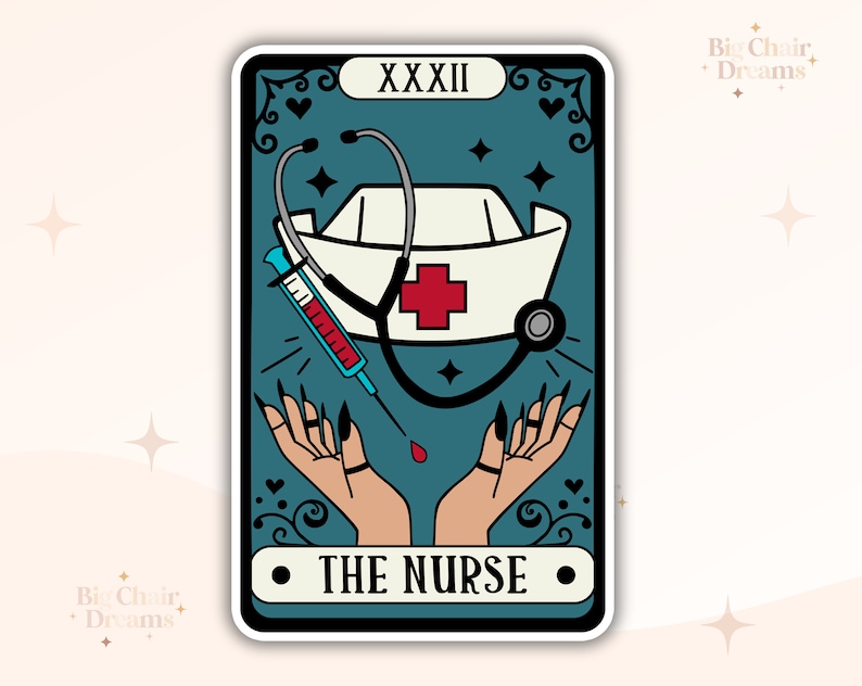 May include: A tarot card with a blue background and white border. The card is titled "The Nurse" and features a white nurse's hat with a red cross, a stethoscope, and a syringe with a red drop of blood. The card number XXXII is in the top left corner.