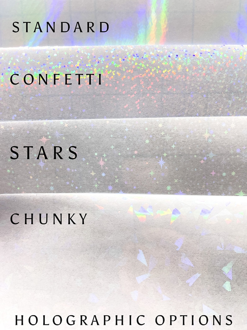 K&ouml;nnte beinhalten: Vier Muster von holografischem Vinyl mit verschiedenen Mustern: Standard, Konfetti, Sterne und Chunky. Der Text "HOLOGRAPHIC OPTIONS" befindet sich am unteren Rand des Bildes.
