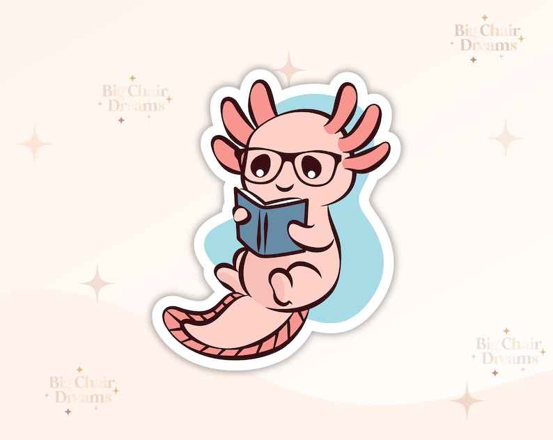 K&ouml;nnte beinhalten: Ein rosa Axolotl mit Brille, das ein blaues Buch liest. Das Axolotl sitzt auf einem blauen Hintergrund mit wei&szlig;em Umriss. Das Bild hat einen wei&szlig;en Hintergrund mit goldenen Sternen.