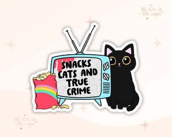 Snacks, Cats and True Crime Sticker - True Crime Lover - Cat Lover -  Crimetok - Crime Junkie - True Crime - Holographic