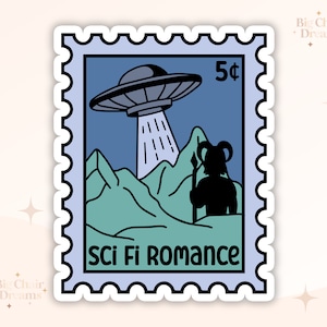 May include: A blue and white postage stamp with a retro illustration of a flying saucer over a mountain range. The stamp says "Sci Fi Romance" and "5¢".
