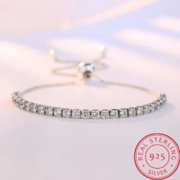 Genuine 925 Sterling Silver Cubic Zirconia Tennis  Bracelet Adjustable Jewellery Diamante Wedding Bridesmaid Mum Birthday Personalised Women
