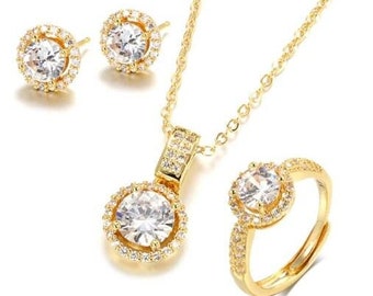 18 Karat Gold Plated Jewellery Set Zircon Pendant Round Cut Bridesmaid Mum Sister Birthday Engagement Wedding Personalised Gifts Women