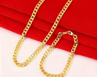 Men’s Gold Stainless Steel Chain Bracelet Set Bold & Durable Cuban Link Jewellery Set Unisex Men Boys Chain Elegant