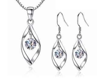 925 Sterling Silver Twist Drop Necklace Earrings Set • Zirconia Crystal Jewellery Gift for Mum Bridesmaid Sister • Elegant & Personalised