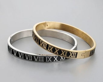Men And Women Unisex Stainless Steel Gold Plating Oil Couples Bracelet Carving Roman Numerals Lover Bangle Wedding Jewellery