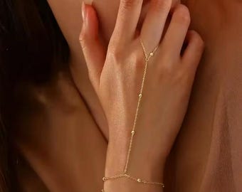 14K Gold Plated Ring Hand Chain Bracelet for Women Trendy Stainless Steel Bead Satellite Bracelets Jewelry Gift Silver