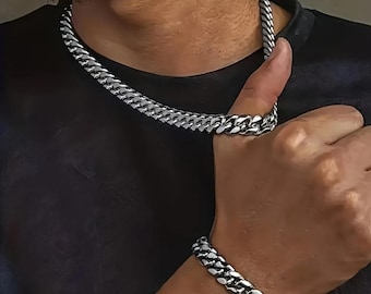 Men’s Silver Stainless Steel Chain Bracelet Set Bold & Durable Cuban Link Jewellery Set Unisex Men Boys Chain Elegant
