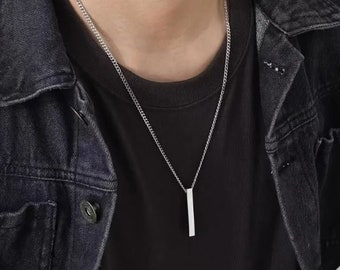 Men Unisex Stainless Steel Punk Rectangle Necklaces For Men Women Stick Column Cuboid Pendant Necklace Choker Fashion Male Jewellery Chain