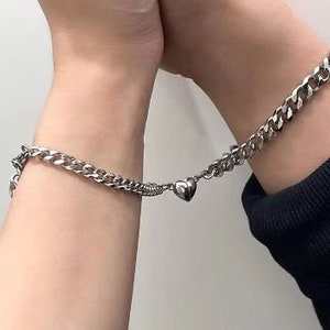 Silver Gold Stainless Steel 2Pcs Chain Couple Bracelet for Women Men Unisex Romantic Magnet Fashion Jewellery Heart Valentine day Bangle