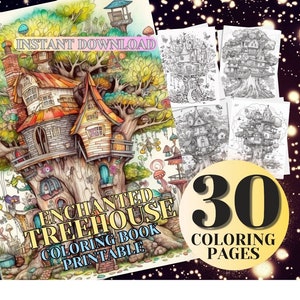 30 Enchanted Treehouse Coloring Book Print - Adults and Kids Coloring Pages, Instant Download, Grayscale Coloring Book, Printable PDF File