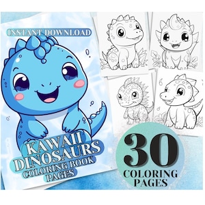 30 Kawaii Dinosaur Fantasy Coloring Pages / Instant Download Coloring Page, Printable, Kids + Adults, Digital, Fun Coloring Book, Bundle