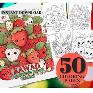 50 Kawaii Cute Coloring Page Book, Adults + kids - Instant Download Outline Coloring Page, Printable PDF, Kawaii Coloring, Coloring Book