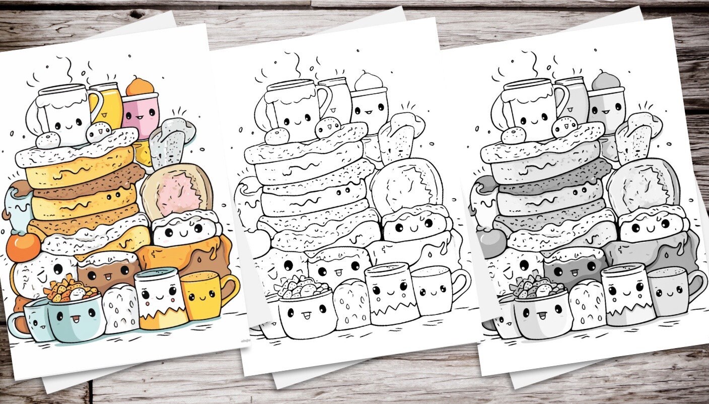 Kawaii Coloring Pages 20 Pages Colored, Outline Version, Cute Coloring