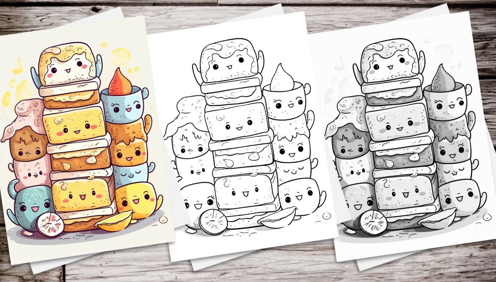 Kawaii Coloring Pages 20 Pages Colored, Outline Version, Cute Coloring