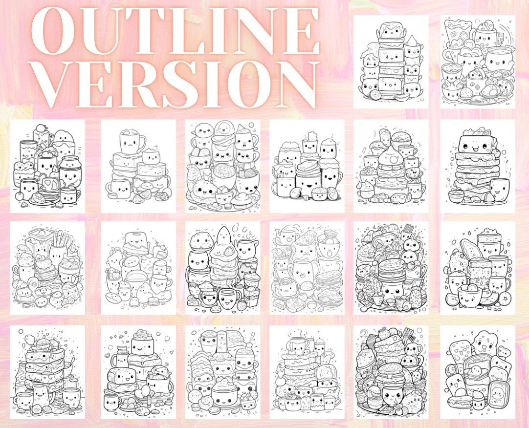 Kawaii Coloring Pages 20 Pages Colored, Outline Version, Cute Coloring