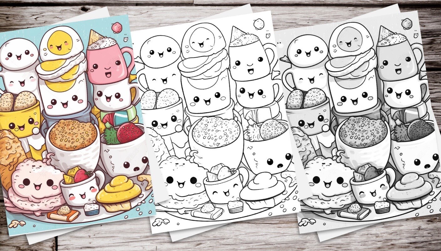 Kawaii Coloring Pages 20 Pages Colored, Outline Version, Cute Coloring