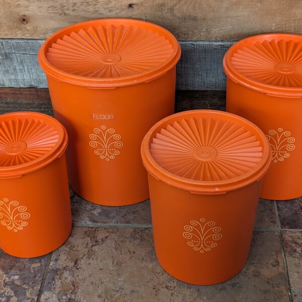 Ensemble de bidons cylindriques Tupperware vintage - Orange avec motif jonquilles