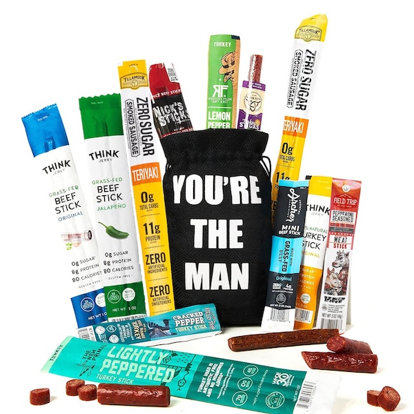 Jerky Sticks Gift Bag - FREE SHIPPING Curated Assortment of High Protein Snacks, Beef & Turkey Jerky Variety Pack Gift Set, Exotic Meat Gift