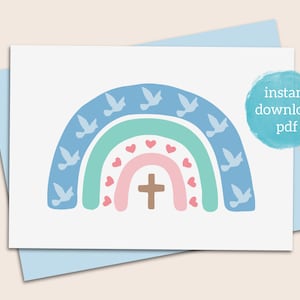 Op de afbeelding: Een wenskaart met een regenboogontwerp. De regenboog heeft blauwe, groene en roze bogen, met duiven, harten en een kruis. De woorden "direct downloaden pdf" staan in een blauwe cirkel.