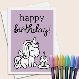 Carte de voeux de licorne de voeux d'anniversaire Carte de coloriage d'anniversaire de licorne 5 x 7