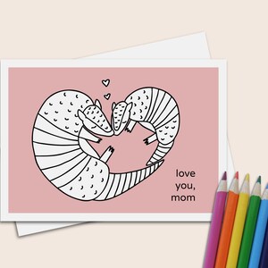 Biglietto da colorare per la festa della mamma a forma di armadillo, formato 5x7, con busta per mamme amanti degli animali