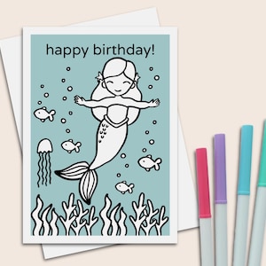 Tarjeta de feliz cumpleaños de sirena con sobre, tarjeta para colorear de 5 x 7 con temática de sirena