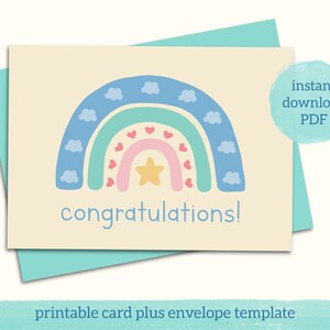 Printable new baby greeting card cute baby shower card gender neutral for baby boy and baby girl plus envelope template