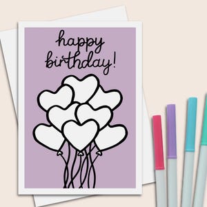Biglietto da colorare di buon compleanno con palloncini a forma di cuore per bambini da colorare, biglietto 5x7 e busta