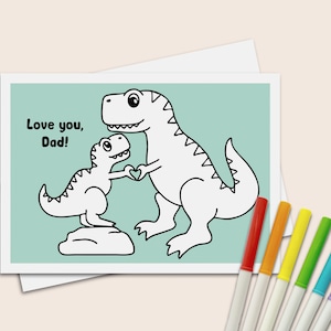 Biglietto di auguri per la festa del papà con dinosauri, formato 5x7, da colorare per bambini da inviare al papà con padre e figlio T-Rex.