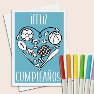 Feliz cumpleaños Karten auf Spanisch mit Fußball Fußball Basketball Baseball für Sportfans 5x7 zum Ausmalen