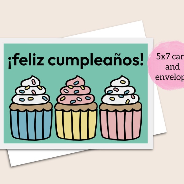 Feliz cumpleaños Spanish birthday card 5x7 greeting card and envelope