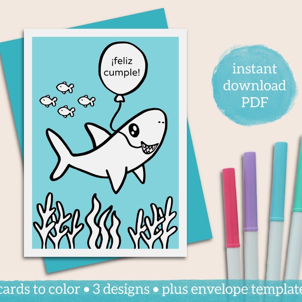 Spanish shark birthday card printable 5x7 coloring card for under the sea birthday party