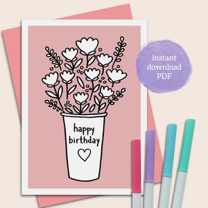 Cartões de aniversário dobráveis para a mãe, cartão para colorir para imprimir com flores, modelo de cartão 5x7 e envelope