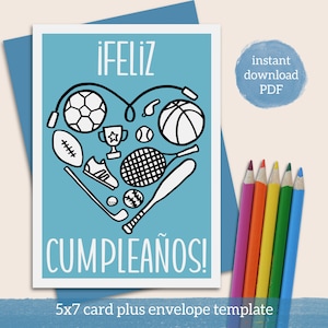 Feliz cumpleaños Karte Geburtstagskarte zum Geburtstag mit Fußball Basketball Baseball PDF zum ausdrucken und ausmalen