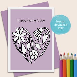 Happy Mother&#39;s Day printable coloring card PDF with flower design and envelope template