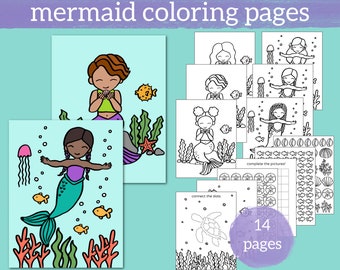May include: A collection of 14 mermaid coloring pages featuring black and white line art illustrations of mermaids, sea creatures, and underwater plants. The set includes activity sheets with connect the dots and pattern completion tasks.