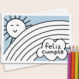 Spanish rainbow birthday card feliz cumpleaños 5x7 card to color plus envelope