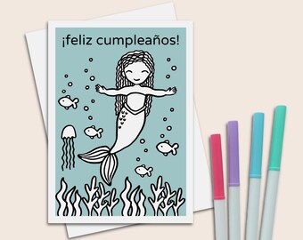 Feliz cumpleaños mermaid birthday cards in Spanish 5x7 card to color