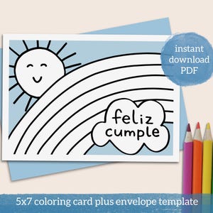 レインボースペイン語誕生日カード印刷可能 5x7 ぬり絵カードと封筒テンプレート
