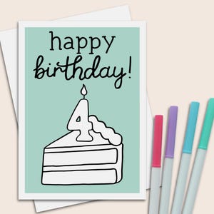 Tarjeta de cumpleaños número 4, tarjetas de feliz cumpleaños para niños de 4 años, tarjeta para colorear de 5 x 7 con sobre