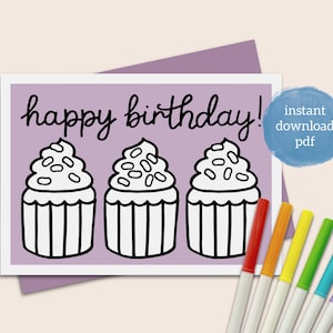 Printable coloring birthday cupcake cards PDF with 2 card designs plus envelope template included