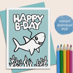 Tarjeta para colorear de cumpleaños de tiburón imprimible de 5 x 7, tarjeta debajo del mar para fiesta temática de Tiburón o semana del tiburón