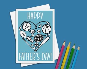 Father’s Day sports card for kids to color featuring football baseball soccer 5x7 fathers day craft