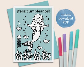 Spanish mermaid birthday card feliz cumpleaños card printable 5x7 card to color PDF with 3 designs included