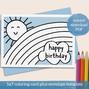 Biglietto di auguri di compleanno arcobaleno stampabile da colorare modello di biglietto e busta 5x7
