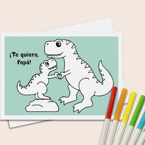 Biglietto di auguri per la festa del papà con dinosauro spagnolo, formato 5x7, da colorare per bambini da inviare al papà con padre e figlio T-Rex.