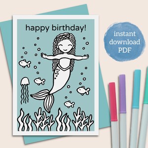 Tarjeta de feliz cumpleaños de sirena para imprimir bajo el mar, tarjeta para colorear de 5 x 7 en formato PDF con 3 diseños incluidos
