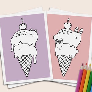 Biglietti d'auguri estivi con gelato per bambini da colorare con gatto gelato e cono coniglio